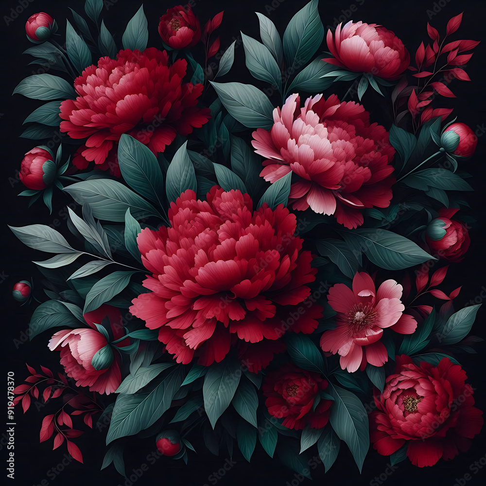 A background of lush red peonies and bottle green leaves foliage with a solid black background. A background of lush red peonies and bottle green leaves foliage with a solid black background.