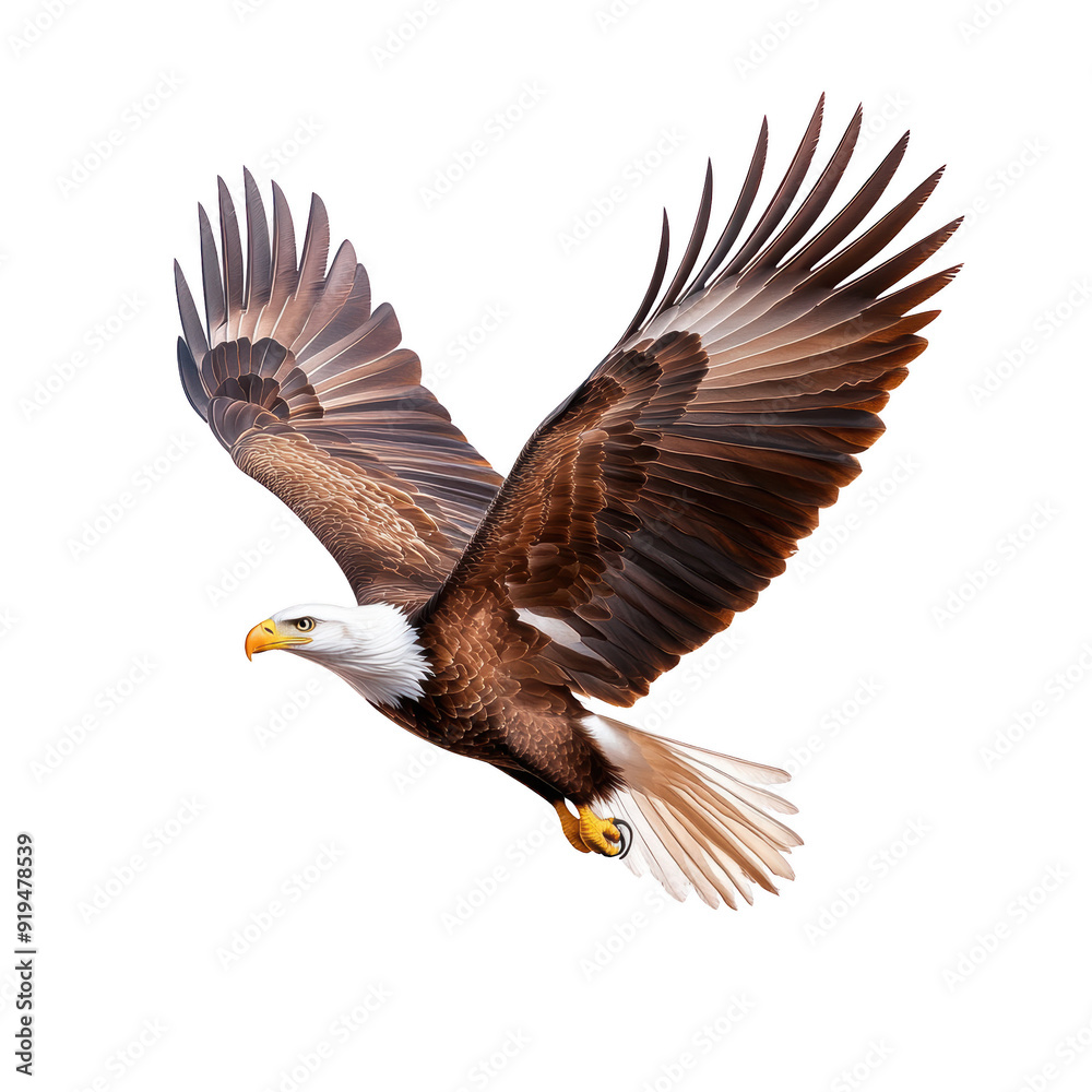 Naklejka premium A majestic eagle soaring through the sky, showcasing its powerful wings and beautiful plumage in full flight. isolated on a transparent background.