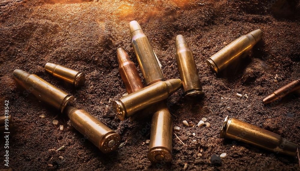 Scattered Ammunition Casings on Earth Surface Scattered Ammunition Casings on Earth Surface