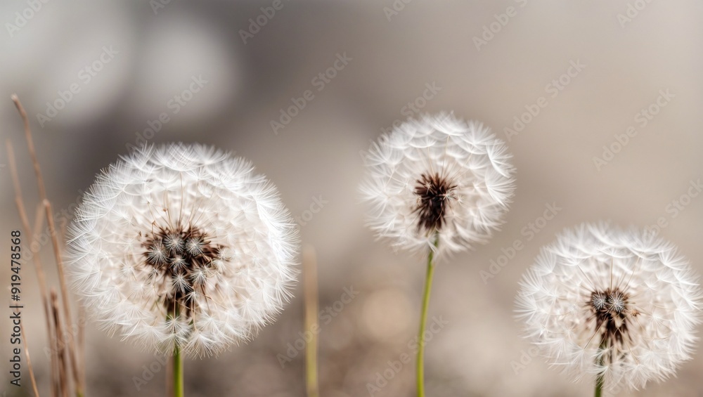 Dandelion Wishes: A soft focus captures a trio of fluffy dandelion seed heads against a blurred background, each one a delicate symbol of hope and new beginnings. 