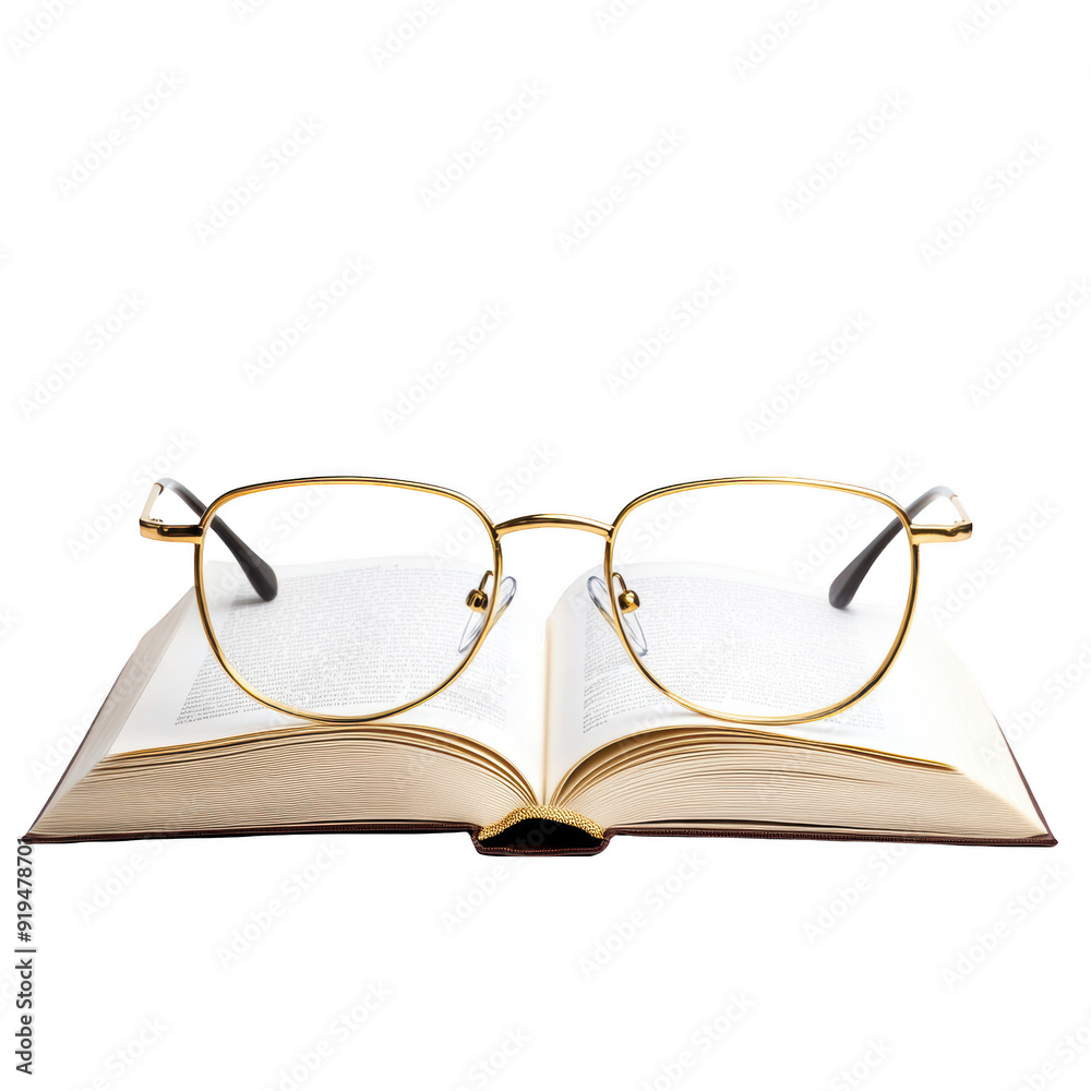 A pair of stylish glasses resting on an open book, symbolizing knowledge and reading, perfect for educational themes. isolated on a transparent background. A pair of stylish glasses resting on an open book, symbolizing knowledge and reading, perfect for educational themes. isolated on a transparent background.