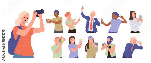 Diverse people cartoon characters taking photo by mobile and digital camera isolated set on white