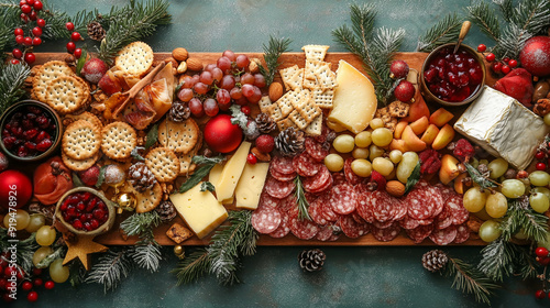 A flat lay of a Christmas-themed charcuterie board