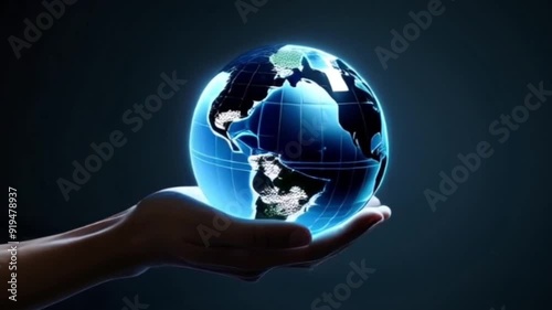 Human hand gently holding a glowing digital Earth globe symbolizing global responsibility and modern technology. Global concept. Seamless looping 4k time-lapse virtual video background