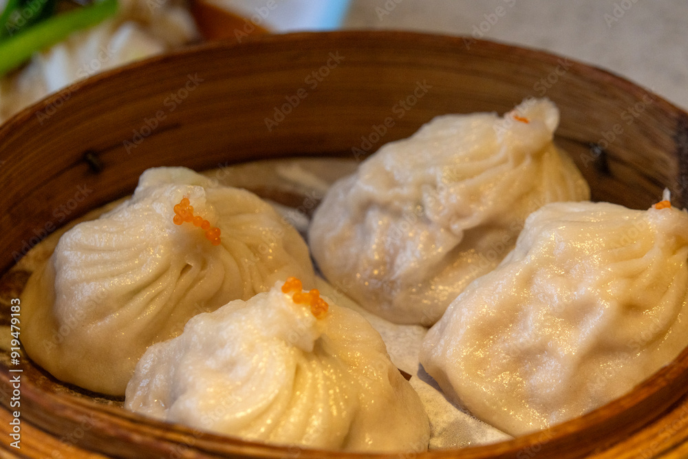 Steamed Xiao Long Bao in the bamboo basket