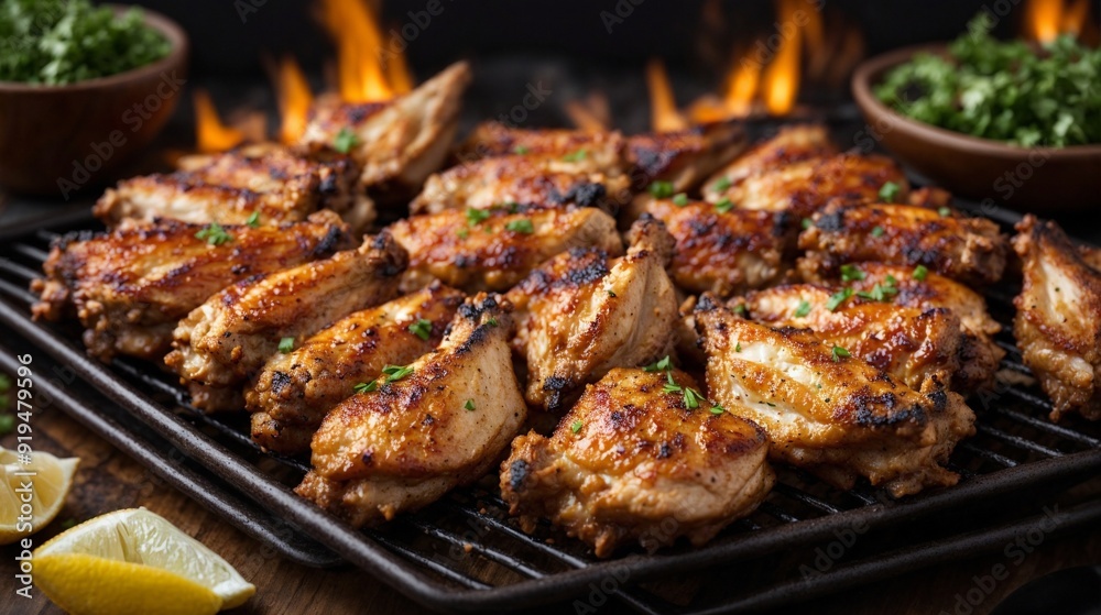 Sizzling Grilled Chicken Wings: A tantalizing spread of crispy, golden-brown chicken wings on a grill, flames licking in the background, with fresh herbs and lemon wedges. Sizzling Grilled Chicken Wings: A tantalizing spread of crispy, golden-brown chicken wings on a grill, flames licking in the background, with fresh herbs and lemon wedges.