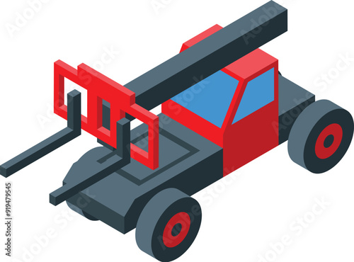 Red telehandler with extended arm lifting cargo, isometric view