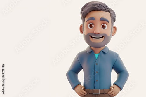 Happy smile cartoon character office businessman person in 3d style design pointing finger attention idea in blue suit on light background.
