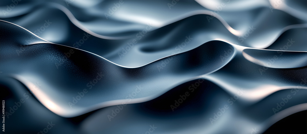 Obraz premium Abstract, wavy shapes undulate in a dark blue, 3D render, bathed in soft light, highlighting texture and depth.