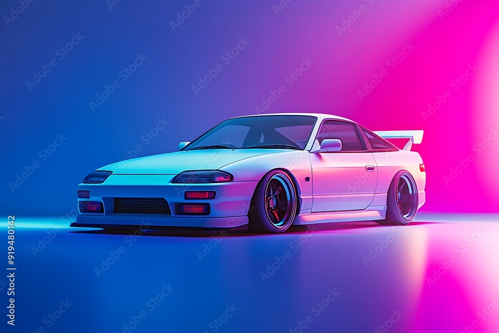 White Sport Car in Neon Lights