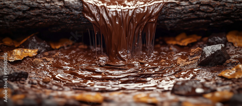 Molten chocolate cascades through subterranean caverns, forming a ground-level outpour for easy collection.