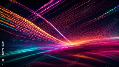 Neon Horizon: A vibrant abstract landscape where streaks of neon light dance across a dark horizon, blending colors in a futuristic spectacle. 