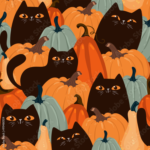 Halloween Background Seamless Pattern with black cats and pumpkins, cute kawaii black cat character, for fabric, wrapping paper, wallpaper and other