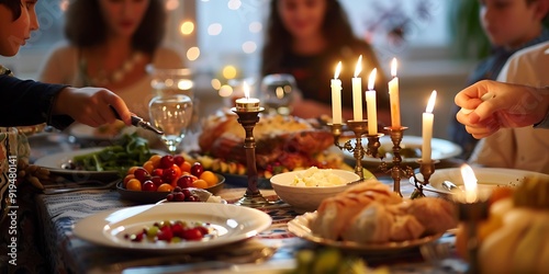 Family lighting Shabbat candles with a beautiful menorah and traditional foods on the table celebrating Jewish heritage and Hanukkah with a timeless feel