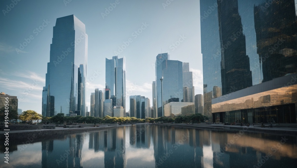 Fototapeta premium Urban Tranquility at Dawn: Modern skyscrapers reflected in a serene pond as the city awakens