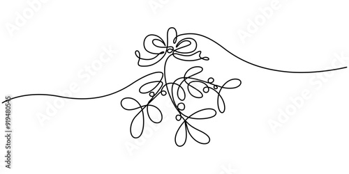 Continuous one single line of mistletoe winter flower isolated on white background, Old engraved illustration of decorative floral ornaments.