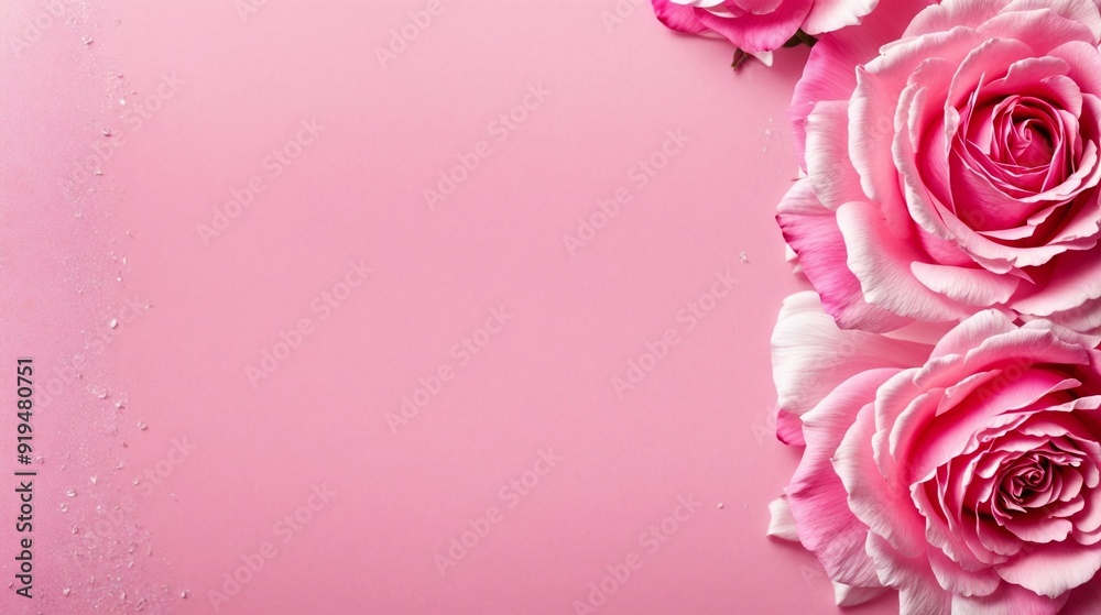 Pink Perfection: Delicate pink roses adorn a soft pink backdrop, droplets of water adding a touch of ethereal beauty - perfect for romantic themes, beauty products, or feminine designs. Pink Perfection: Delicate pink roses adorn a soft pink backdrop, droplets of water adding a touch of ethereal beauty - perfect for romantic themes, beauty products, or feminine designs.