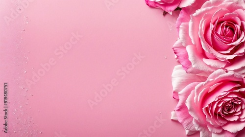 Pink Perfection: Delicate pink roses adorn a soft pink backdrop, droplets of water adding a touch of ethereal beauty - perfect for romantic themes, beauty products, or feminine designs. 