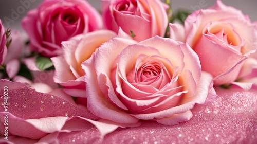 Delicate Pink Roses: A close-up shot of four pink roses in bloom, their petals glistening with dew drops. Soft and romantic, this image evokes a sense of beauty, elegance, and pure love.