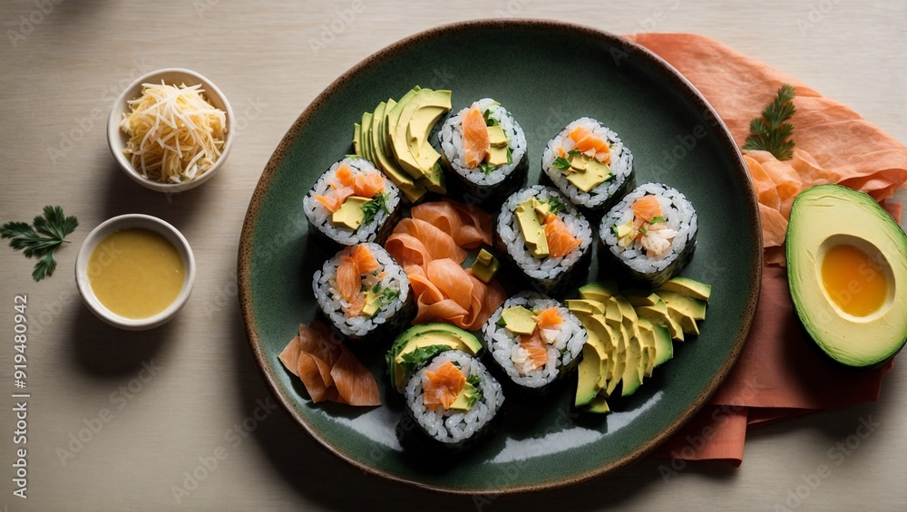 Salmon Avocado Sushi Delight: Freshly rolled maki on a green plate, garnished with avocado slices and pickled ginger, accompanied by soy sauce and a sprinkle of sesame seeds. Salmon Avocado Sushi Delight: Freshly rolled maki on a green plate, garnished with avocado slices and pickled ginger, accompanied by soy sauce and a sprinkle of sesame seeds.