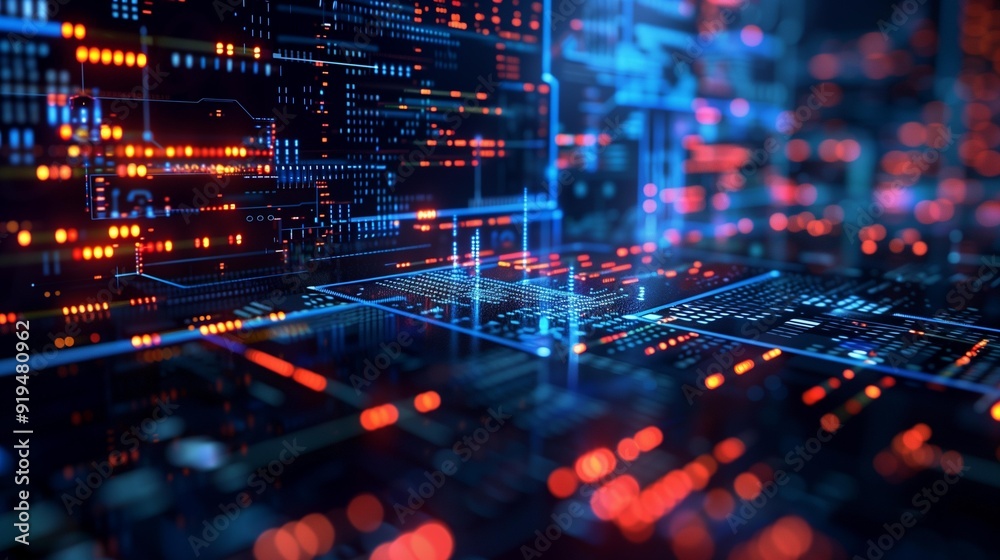 Quantum encryption technology with binary code glowing blue red lights on dark background, security protection privacy safety Quantum encryption technology with binary code glowing blue red lights on dark background, security protection privacy safety