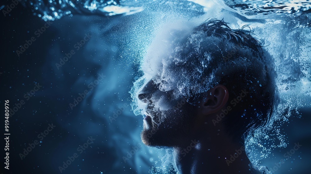 Bearded man dunking head underwater lot bubbles surrounding head resembles brain shape psychological hygiene, brain hygiene, stress peace anxiety relief relaxation Bearded man dunking head underwater lot bubbles surrounding head resembles brain shape psychological hygiene, brain hygiene, stress peace anxiety relief relaxation