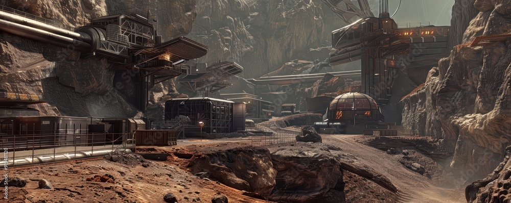 A futuristic mining colony set in a barren, rocky landscape with advanced technology and structures built into the cliffs. A futuristic mining colony set in a barren, rocky landscape with advanced technology and structures built into the cliffs.