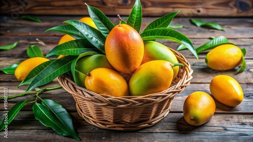 Vibrant orange-yellow mangoes with green leaves and stems, arranged artfully in a wicker basket, surrounded by fresh green foliage on a rustic wooden table. photo