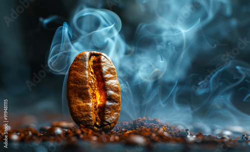 Coffee bean glowing with smoke against a dark background. A single coffee bean emits a warm glow surrounded by swirling smoke