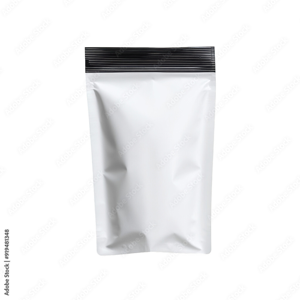 Empty white packaging pouch with a black zipper exhibiting a clean and modern design isolated on a transparent background. Empty white packaging pouch with a black zipper exhibiting a clean and modern design isolated on a transparent background.