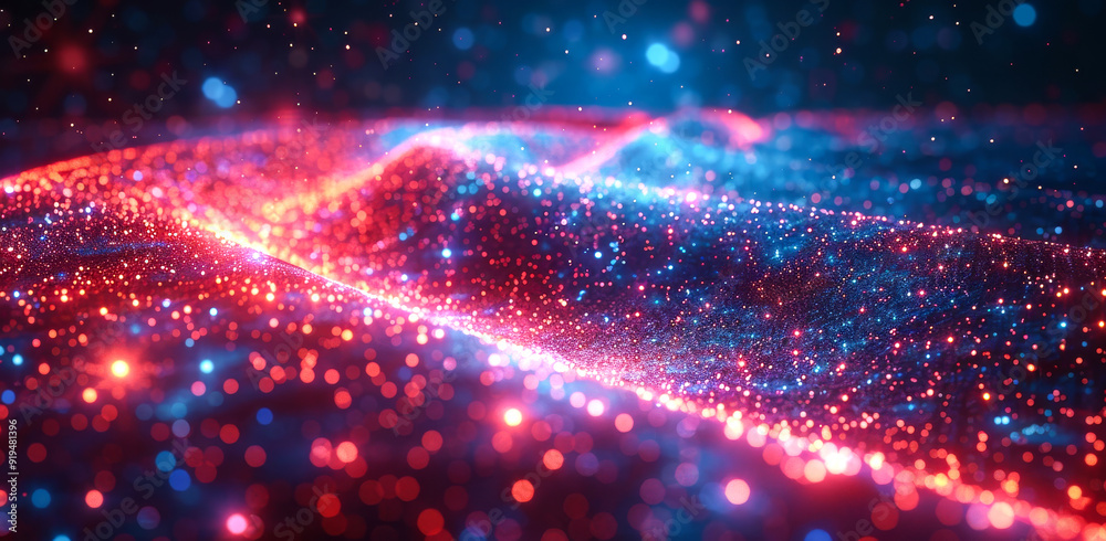 Colorful abstract representation of cosmic waves at night. Vibrant cosmic waves of red and blue light ripple through a starry backdrop Colorful abstract representation of cosmic waves at night. Vibrant cosmic waves of red and blue light ripple through a starry backdrop