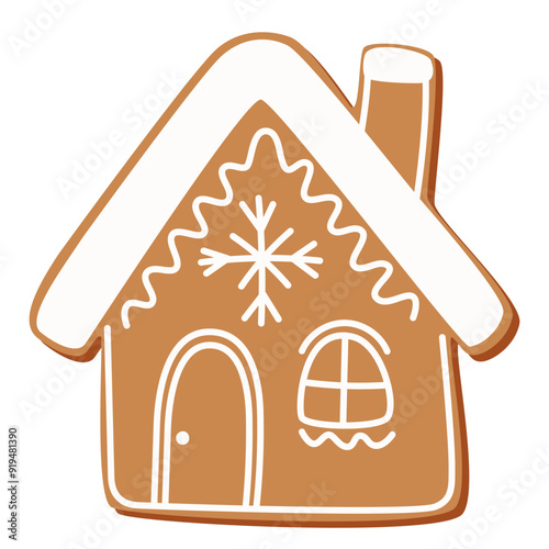 Christmas gingerbread house. Winter cookie of home shape with sweet icing. Xmas ginger bread decorated with sugar.