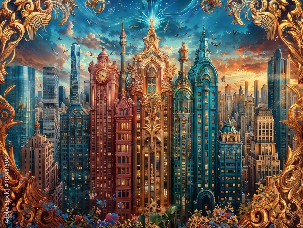 Fantasy City Skyline With Ornate Buildings and Golden Frame at Sunset Fantasy City Skyline With Ornate Buildings and Golden Frame at Sunset