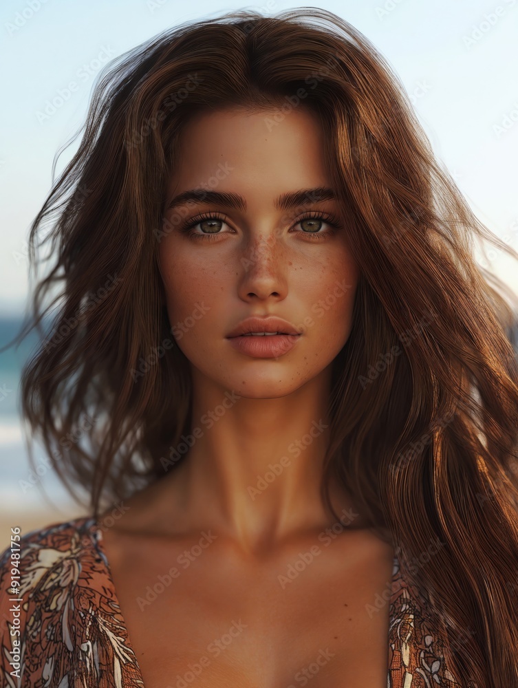Portrait of a Young Woman with Long Hair Standing on a Beach at Sunset