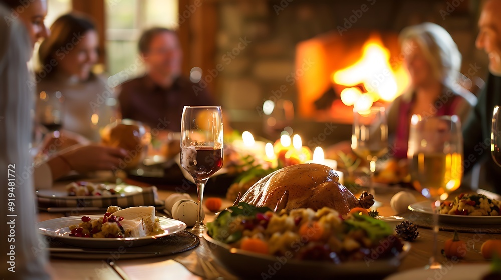 Cozy Thanksgiving dinner setting with a fireplace where family and friends are enjoying a meal of turkey stuffing and dessert Cozy Thanksgiving dinner setting with a fireplace where family and friends are enjoying a meal of turkey stuffing and dessert