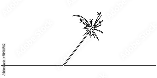 Sparklers burning in continuous line art drawing style. Festive Bengal lights minimalist black linear design isolated on white background. Vector illustration, abstract hand sparkler continuous one.