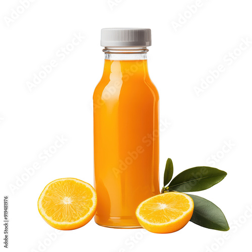 Fresh orange juice in a bottle, garnished with sliced oranges and green leaves isolated on a transparent background.