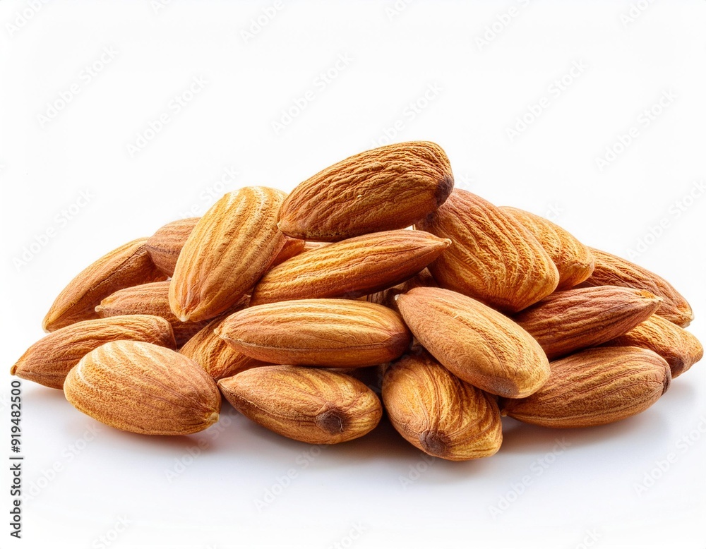 Fototapeta premium Almond isolated. Pile of delicious almonds on white background..Almond nuts side view..