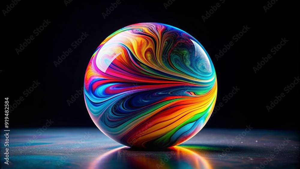 Vibrant rainbow colors swirl through a polished marble sphere, refracting light and creating a mesmerizing, futuristic effect against a stark black background. Vibrant rainbow colors swirl through a polished marble sphere, refracting light and creating a mesmerizing, futuristic effect against a stark black background.