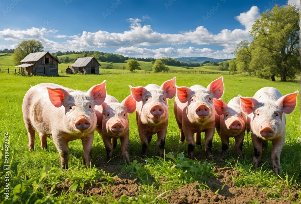 A cheerful image of four piglets standing in a lush green field under a bright blue sky. The piglets' curious expressions and natural surroundings make this photo perfect for farm, nature, and animal A cheerful image of four piglets standing in a lush green field under a bright blue sky. The piglets' curious expressions and natural surroundings make this photo perfect for farm, nature, and animal