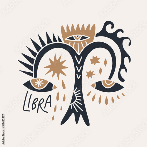 Boho cute zodiac Libra sign, horoscope cartoon icon. Astrology cartoon animalistic character symbol, space celestial ornate constellation. Astrological hand-drawn avatar. Modern flat contemporary