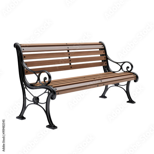 Classic wooden bench with iron arms isolated on white  transparent background PNG
