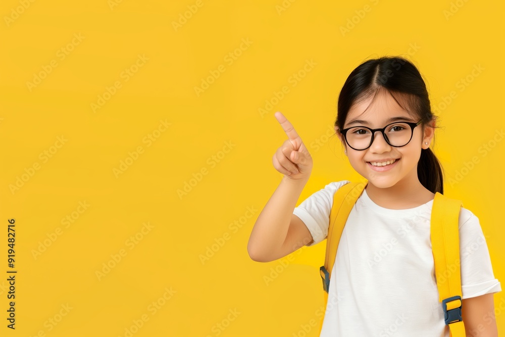 Cheerful Schoolgirl Pointing Fingers At Copyspace, Yellow Background. Cheerful Schoolgirl Pointing Fingers At Copyspace, Yellow Background.