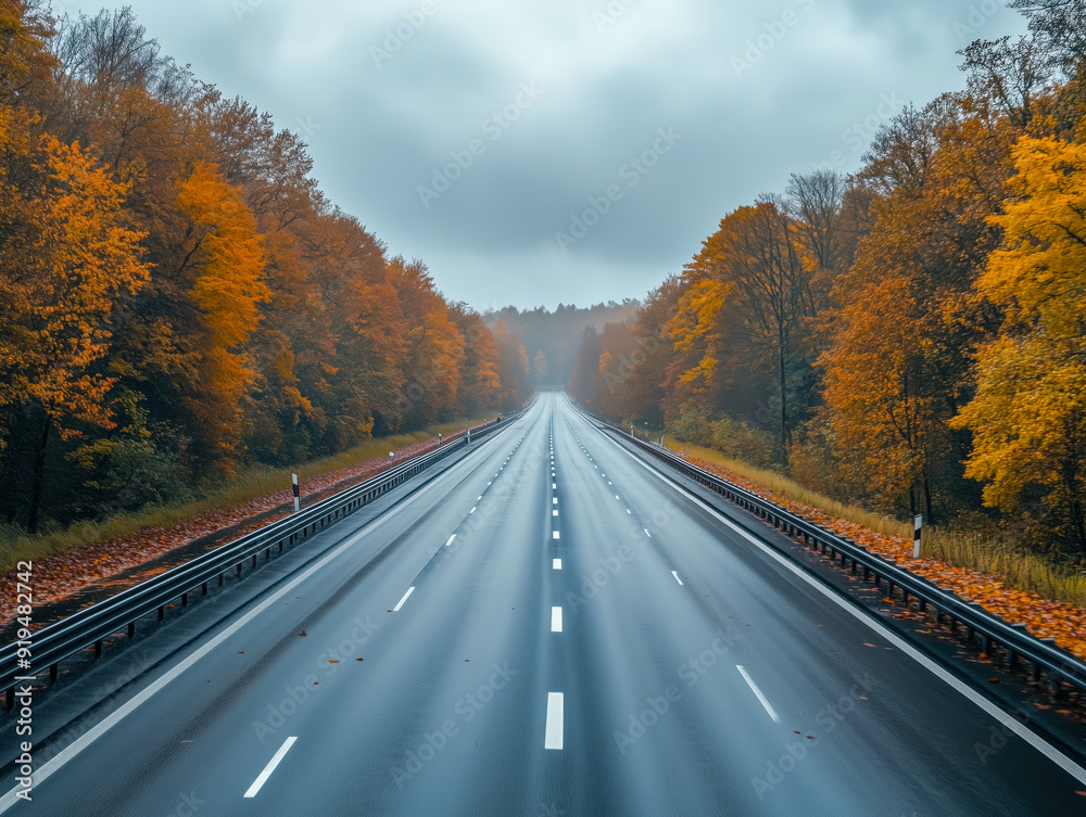 Driving on the motorway on a dark moody day with autumn colorful leaves Driving on the motorway on a dark moody day with autumn colorful leaves