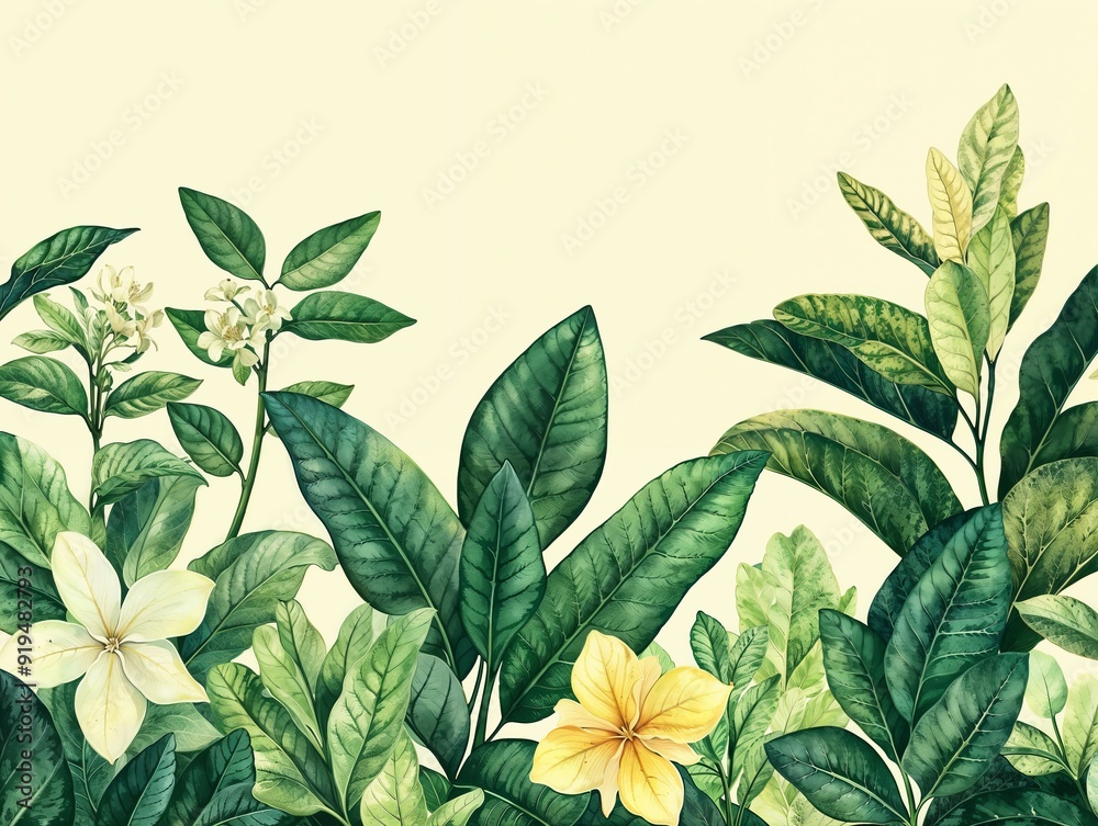 Lush Green Foliage with Blooming Yellow and White Flowers on Light Background Lush Green Foliage with Blooming Yellow and White Flowers on Light Background