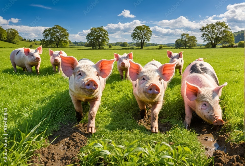 A cheerful image of four piglets standing in a lush green field under a bright blue sky. The piglets' curious expressions and natural surroundings make this photo perfect for farm, nature, and animal A cheerful image of four piglets standing in a lush green field under a bright blue sky. The piglets' curious expressions and natural surroundings make this photo perfect for farm, nature, and animal