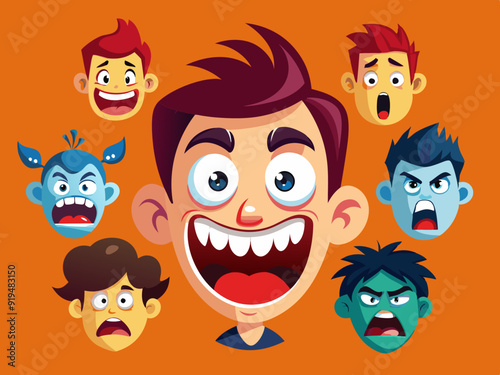 Cartoon face expression. Emotional comic face with eyes, mouths, tongue and teeth. Concept caricature feeling. Happy, sad and angry characters emotions. Vector set
