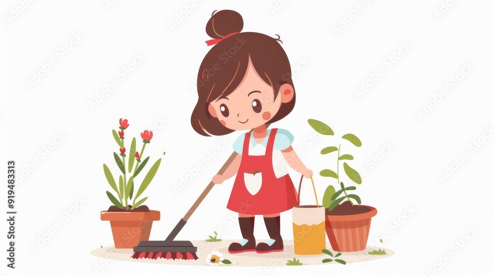 Chibi housewife, sweeping patio, cleaning, flat design illustration, inviting, isolated on white background Chibi housewife, sweeping patio, cleaning, flat design illustration, inviting, isolated on white background