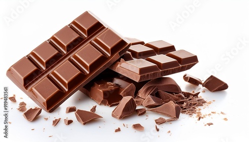 Broken chocolate bar pieces falling on white background. Milk chocolate chunks Collection..