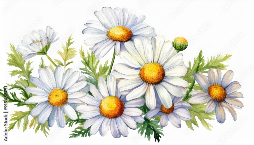 Chamomile or camomile flowers isolated on white background. Daisy as package design element. Herbal tea concept. Chamomile or camomile flowers isolated on white background. Daisy as package design element. Herbal tea concept.